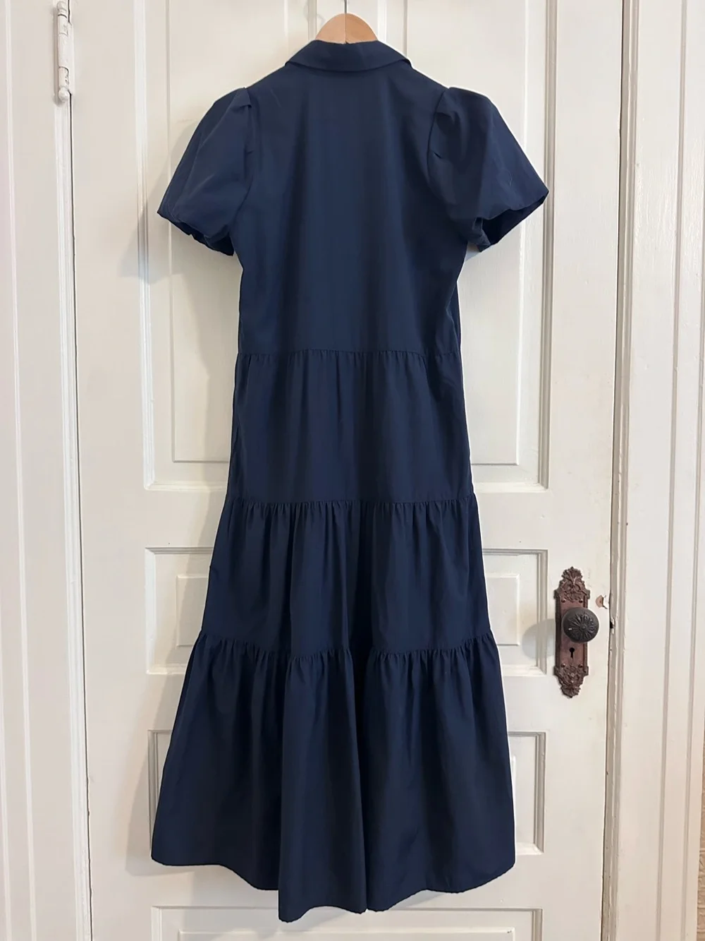Brochu Walker Havana Dress in Navy Blue Midi Tiered Shirt Puff Sleeve Size XS